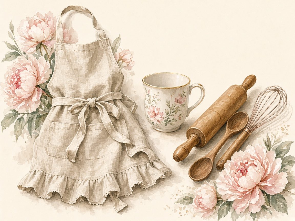Painted apron, mug and baking tools